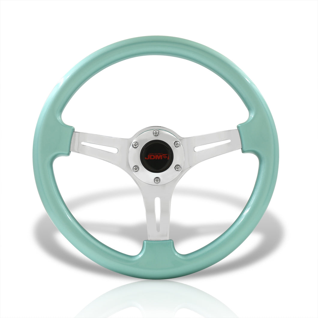 JDM Sport Universal 350mm Heavy Duty Steel Steering Wheel Polished Center Metallic Mint Green
