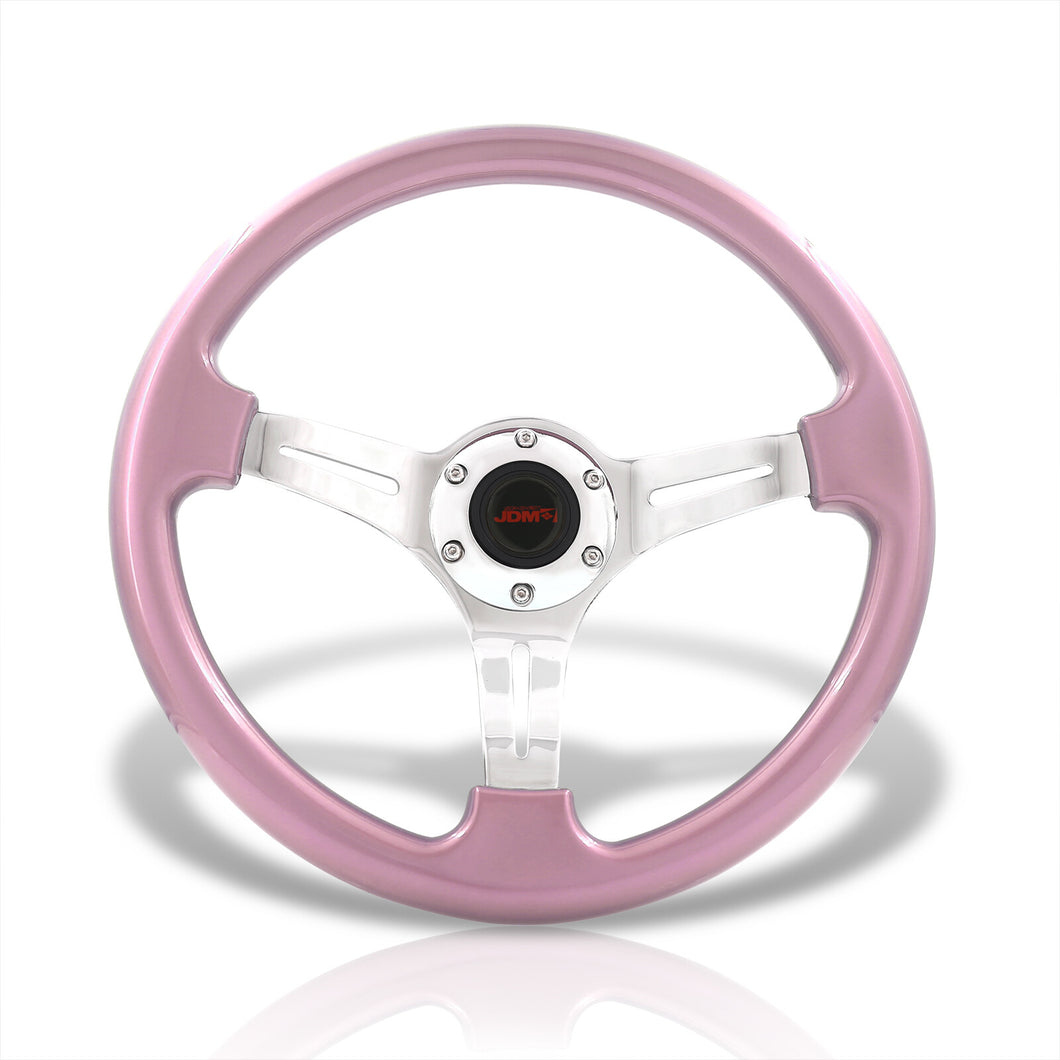 JDM Sport Universal 350mm Heavy Duty Steel Steering Wheel Polished Center Metallic Pink