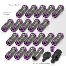 Load image into Gallery viewer, God Snow Lug Nuts M12 x1.5mm Thread pitch Gunmetal Body Purple Trim (20 Piece +1 Key)
