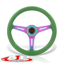 Load image into Gallery viewer, JDM Sport Universal 350mm Wood Grain Style Steel Steering Wheel Neo Chrome Center Green Wood