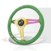 Load image into Gallery viewer, JDM Sport Universal 350mm Wood Grain Style Steel Steering Wheel Neo Chrome Center Green Wood