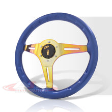 Load image into Gallery viewer, JDM Sport Universal 350mm Wood Grain Style Steel Steering Wheel Neo Chrome Center Blue Wood