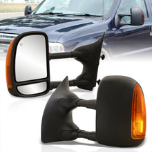 Load image into Gallery viewer, Ford F250 F350 F450 F550 1999-2007 / Excursion 2001-2005 Telescopic Extendable LED Signal Heated Power Towing Mirrors Black