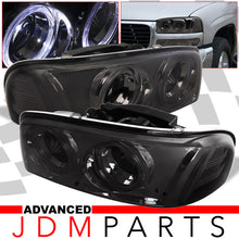 Load image into Gallery viewer, GMC Sierra 1500 1999-2007 / Sierra 1500HD 2001-2007 / Sierra 2500 1999-2004 / Sierra 2500HD 2001-2007 / Sierra 3500 2001-2007 / Yukon 1999-2006 / Yukon XL 1500 2500 2000-2006 Halo Projector Headlights Chrome Housing Smoke Len Clear Reflector