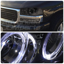 Load image into Gallery viewer, GMC Sierra 1500 1999-2007 / Sierra 1500HD 2001-2007 / Sierra 2500 1999-2004 / Sierra 2500HD 2001-2007 / Sierra 3500 2001-2007 / Yukon 1999-2006 / Yukon XL 1500 2500 2000-2006 Halo Projector Headlights Chrome Housing Smoke Len Clear Reflector
