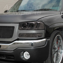 Load image into Gallery viewer, GMC Sierra 1500 1999-2007 / Sierra 1500HD 2001-2007 / Sierra 2500 1999-2004 / Sierra 2500HD 2001-2007 / Sierra 3500 2001-2007 / Yukon 1999-2006 / Yukon XL 1500 2500 2000-2006 Halo Projector Headlights Chrome Housing Smoke Len Clear Reflector
