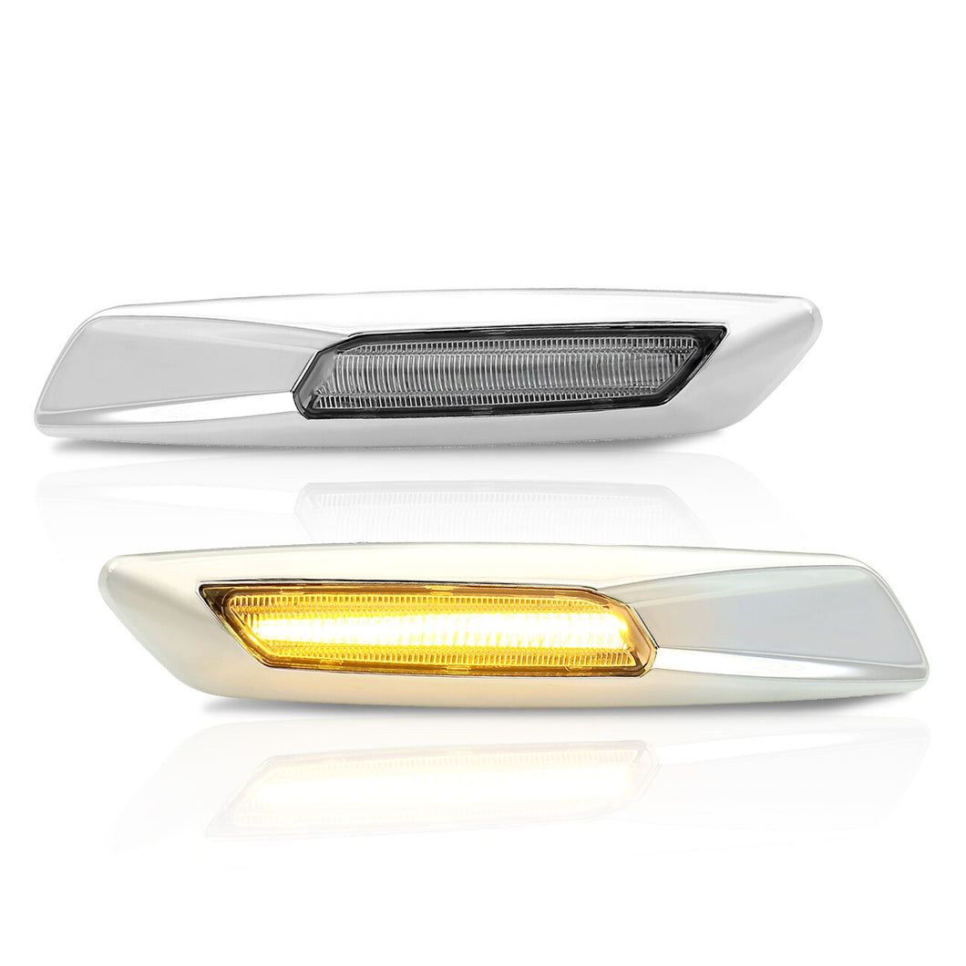 BMW 3 Series E60 E61 E82 E88 E90 E91 E92 E93 (Non-M3 Models) 2004-2010 Front Amber Sequential LED Side Marker Lights Clear Len + 3D Silver Chrome Finishes (F10 Style)