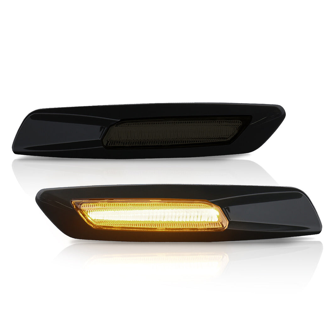 BMW 3 Series E60 E61 E82 E88 E90 E91 E92 E93 (Non-M3 Models) 2004-2010 Front Amber Sequential LED Side Marker Lights Smoke Len + 3D Black Chrome Finishes (F10 Style)