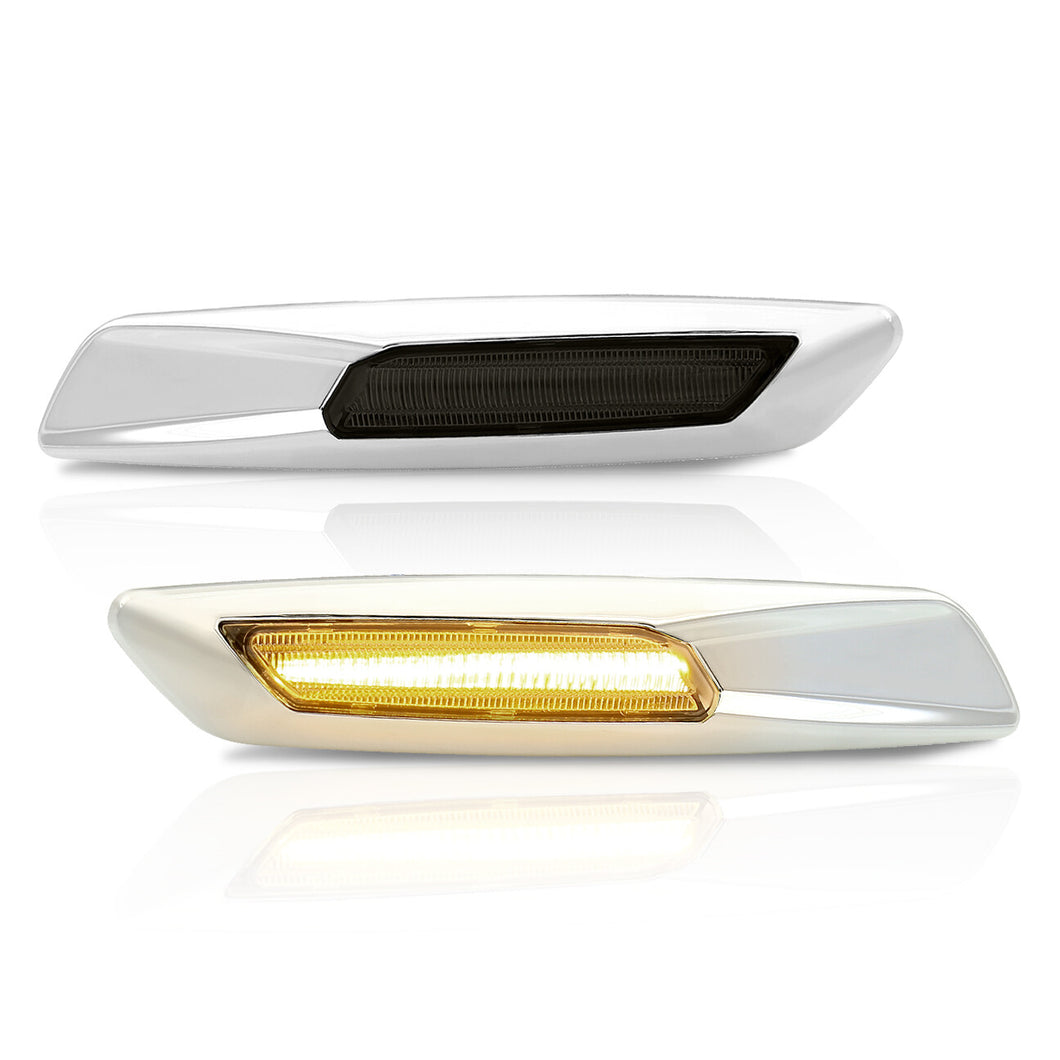 BMW 3 Series E60 E61 E82 E88 E90 E91 E92 E93 (Non-M3 Models) 2004-2010 Front Amber Sequential LED Side Marker Lights Smoke Len + 3D Silver Chrome Finishes (F10 Style)