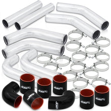 Load image into Gallery viewer, 3" Universal (8 Piece) Chrome Aluminum Piping Kit with 16 T-Bolt Clamps + Silicone Black Red Couplers