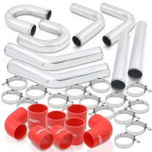 Load image into Gallery viewer, 3&quot; Universal (8 Piece) Chrome Aluminum Piping Kit with U Bend with 16 T-Bolt Clamps + Silicone Red Couplers
