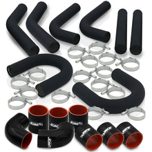 Load image into Gallery viewer, 3" Universal (8 Piece) Black Aluminum Piping Kit with U Bend with 16 T-Bolt Clamps + Silicone Black Red Couplers
