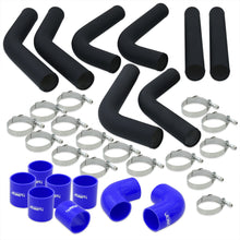 Load image into Gallery viewer, 3" Universal (8 Piece) Black Aluminum Piping Kit with 16 T-Bolt Clamps + Silicone Blue Couplers