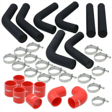 Load image into Gallery viewer, 3&quot; Universal (8 Piece) Black Aluminum Piping Kit with 16 T-Bolt Clamps + Silicone Red Couplers
