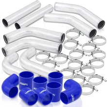 Load image into Gallery viewer, 2.5&quot; Universal (8 Piece) Chrome Aluminum Piping Kit with 16 T-Bolt Clamps + Silicone Blue Couplers

