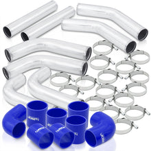 Load image into Gallery viewer, 2.5" Universal (8 Piece) Chrome Aluminum Piping Kit with 16 T-Bolt Clamps + Silicone Blue Couplers