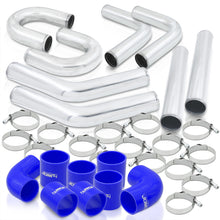 Load image into Gallery viewer, 2.5" Universal (8 Piece) Chrome Aluminum Piping Kit with U Bend with 16 T-Bolt Clamps + Silicone Blue Couplers