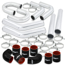 Load image into Gallery viewer, 2.5" Universal (8 Piece) Chrome Aluminum Piping Kit with U Bend with 16 T-Bolt Clamps + Silicone Black Red Couplers