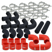 Load image into Gallery viewer, 2.5" Universal (12 Piece) Black Aluminum Piping Kit with 24 T-Bolt Clamps + Silicone Red Couplers