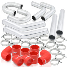 Load image into Gallery viewer, 2.5" Universal (8 Piece) Chrome Aluminum Piping Kit with U Bend with 16 T-Bolt Clamps + Silicone Red Couplers