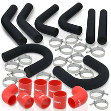 Load image into Gallery viewer, 2.5" Universal (8 Piece) Black Aluminum Piping Kit with U Bend with 16 T-Bolt Clamps + Silicone Red Couplers