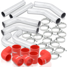 Load image into Gallery viewer, 2.5&quot; Universal (8 Piece) Chrome Aluminum Piping Kit with 16 T-Bolt Clamps + Silicone Red Couplers
