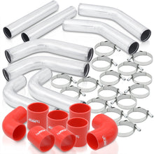 Load image into Gallery viewer, 2.5" Universal (8 Piece) Chrome Aluminum Piping Kit with 16 T-Bolt Clamps + Silicone Red Couplers