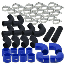Load image into Gallery viewer, 2.5" Universal (12 Piece) Black Aluminum Piping Kit with 24 T-Bolt Clamps + Silicone Blue Couplers
