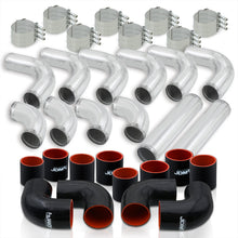 Load image into Gallery viewer, 2.5" Universal (12 Piece) Chrome Aluminum Piping Kit with 24 T-Bolt Clamps + Silicone Black Red Couplers