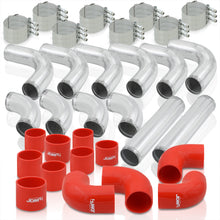 Load image into Gallery viewer, 2.5" Universal (12 Piece) Chrome Aluminum Piping Kit with 24 T-Bolt Clamps + Silicone Red Couplers