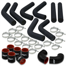Load image into Gallery viewer, 2.5" Universal (8 Piece) Black Aluminum Piping Kit with 16 T-Bolt Clamps + Silicone Black Red Couplers