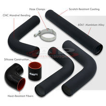 Load image into Gallery viewer, 2.5" Universal (8 Piece) Black Aluminum Piping Kit with 16 T-Bolt Clamps + Silicone Black Red Couplers
