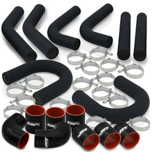 Load image into Gallery viewer, 2.5" Universal (8 Piece) Black Aluminum Piping Kit with U Bend with 16 T-Bolt Clamps + Silicone Black Red Couplers