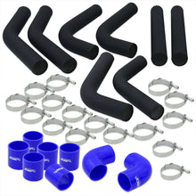 Load image into Gallery viewer, 2.5" Universal (8 Piece) Black Aluminum Piping Kit with 16 T-Bolt Clamps + Silicone Blue Couplers