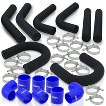 Load image into Gallery viewer, 2.5" Universal (8 Piece) Black Aluminum Piping Kit with U Bend with 16 T-Bolt Clamps + Silicone Blue Couplers