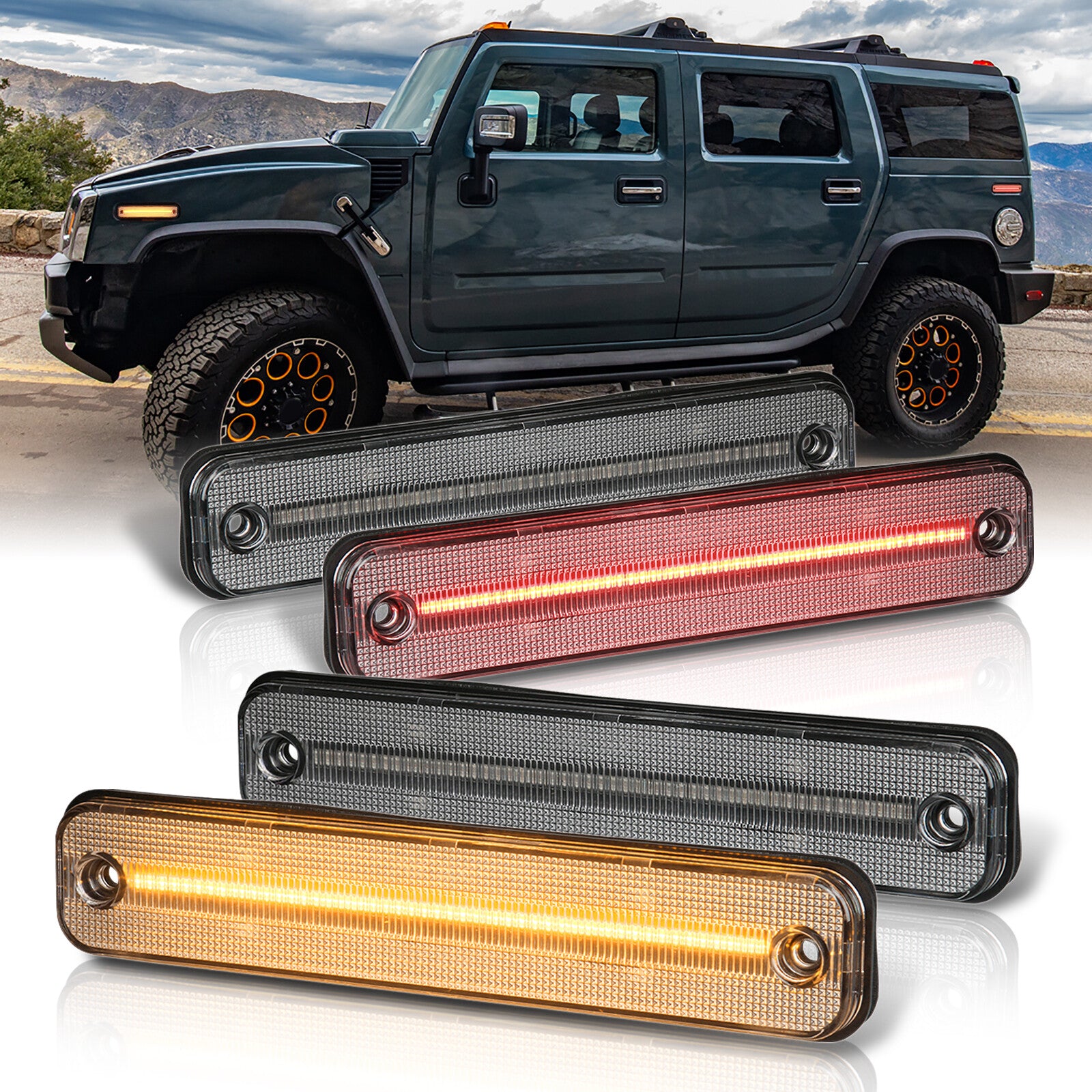 Clear LED Side Marker Light Set For 2003-2009 Hummer H2 | Amber Front / Red Rear, Plug & Play, DOT/SAE Certified