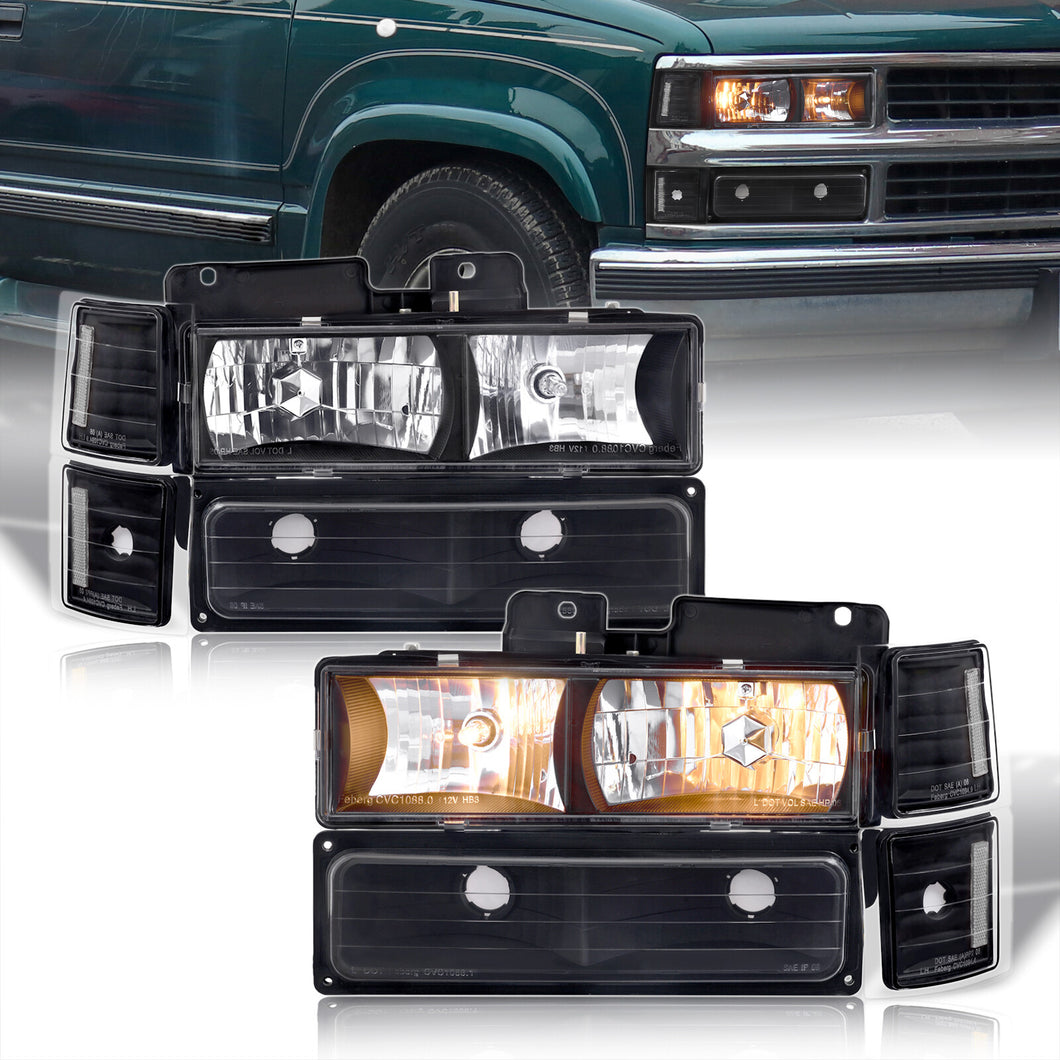 Chevrolet C/K 1500 2500 3500 1994-1998 Factory Style Headlights + Bumper + Corner Lights Black Housing Clear Len Clear Reflector