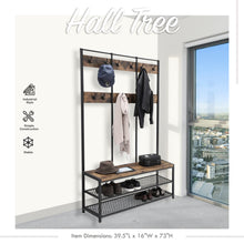 Load image into Gallery viewer, Industrial Coat Rack 3-Tier Shoe Bench Hall Tree Entryway Storage Shelf Hallway Organizer Metal Frame & Wood Furniture with 12 Hooks - 73" H