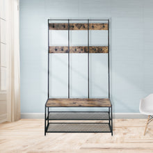 Load image into Gallery viewer, Industrial Coat Rack 3-Tier Shoe Bench Hall Tree Entryway Storage Shelf Hallway Organizer Metal Frame & Wood Furniture with 12 Hooks - 73" H