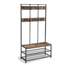 Load image into Gallery viewer, Industrial Coat Rack 3-Tier Shoe Bench Hall Tree Entryway Storage Shelf Hallway Organizer Metal Frame & Wood Furniture with 12 Hooks - 73" H