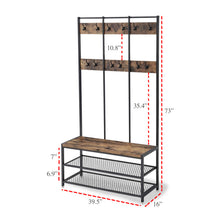 Load image into Gallery viewer, Industrial Coat Rack 3-Tier Shoe Bench Hall Tree Entryway Storage Shelf Hallway Organizer Metal Frame & Wood Furniture with 12 Hooks - 73" H