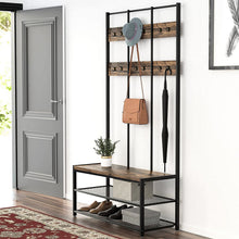 Load image into Gallery viewer, Industrial Coat Rack 3-Tier Shoe Bench Hall Tree Entryway Storage Shelf Hallway Organizer Metal Frame & Wood Furniture with 12 Hooks - 73" H