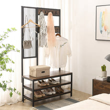 Load image into Gallery viewer, Industrial Coat Stand 3-Tier Shoe Rack Bench Hall Tree + Grid Wall Entryway Storage Shelf Hallway Hanger Organizer Metal Frame & Wood Furniture with 16 Hooks - 73" H