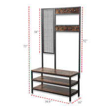 Load image into Gallery viewer, Industrial Coat Stand 3-Tier Shoe Rack Bench Hall Tree + Grid Wall Entryway Storage Shelf Hallway Hanger Organizer Metal Frame & Wood Furniture with 16 Hooks - 73" H