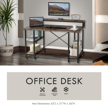 Load image into Gallery viewer, Industrial Office Desk with Monitor Shelf, Computer Stand, & 2-Tier Shelves Home Study Gaming PC Laptop Workstation Organizer Table Top Wood & Metal Frame - 55" L