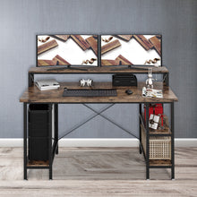 Load image into Gallery viewer, Industrial Office Desk with Monitor Shelf, Computer Stand, & 2-Tier Shelves Home Study Gaming PC Laptop Workstation Organizer Table Top Wood & Metal Frame - 55" L
