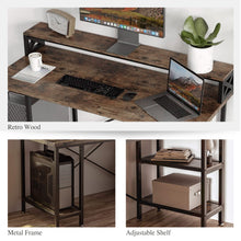 Load image into Gallery viewer, Industrial Office Desk with Monitor Shelf, Computer Stand, & 2-Tier Shelves Home Study Gaming PC Laptop Workstation Organizer Table Top Wood & Metal Frame - 55" L