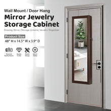 Load image into Gallery viewer, 48" Wall Door Mounted Mirrored Jewelry Organizer Mirror Cabinet Armoire Lockable Storage Box with LED Lights & Velvet Interior (Brown)