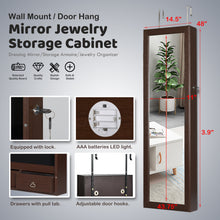 Load image into Gallery viewer, 48" Wall Door Mounted Mirrored Jewelry Organizer Mirror Cabinet Armoire Lockable Storage Box with LED Lights & Velvet Interior (Brown)