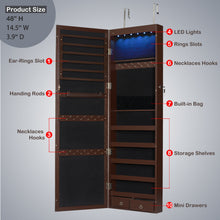 Load image into Gallery viewer, 48" Wall Door Mounted Mirrored Jewelry Organizer Mirror Cabinet Armoire Lockable Storage Box with LED Lights & Velvet Interior (Brown)
